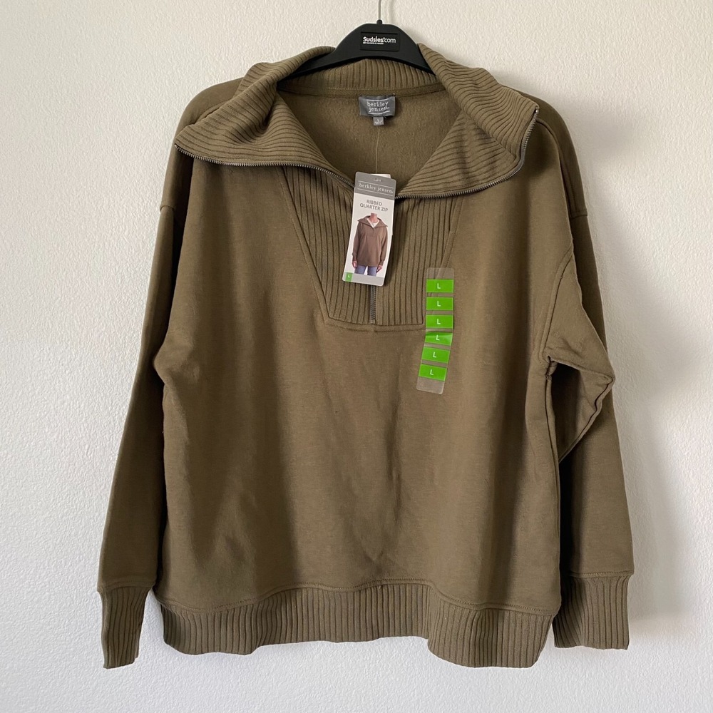Berkley Jensen Ribbed Quarter Zip Women L Olive Green NWT Pullover Sweatshirt